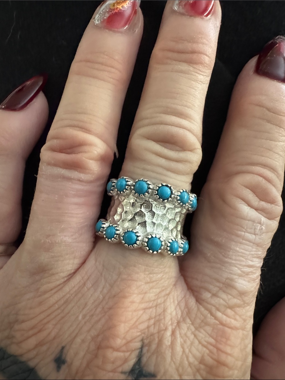 Hammered 925 Silver Band Ring with Turquoise Cabochons adjustable